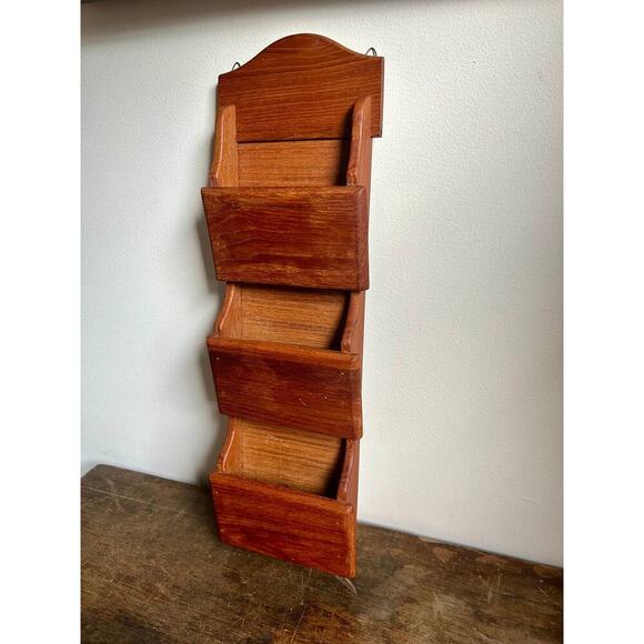 Goodwood Teak Wood Letter Rack with Key Hooks | Hanging Wood Mail Organizer - Picture 2 of 7